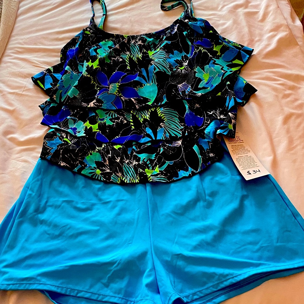 Tropical Blue and Black, Green Women’s size 16 Mastectomy swimsuit